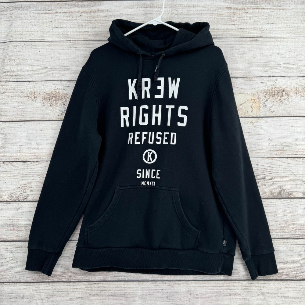 KREW‎ Hoodie Mens Medium Black Rights Refused Graphic Skateboarding Sweatshirt